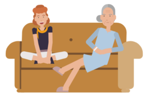 Two women sit comfortably on the sofa