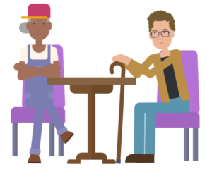 2 people sitting at a table talking