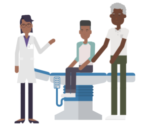 A father and son talk to a doctor